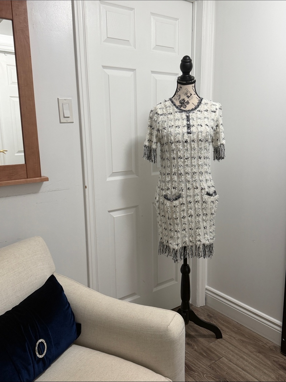 Ivory and Black Tweed Fringe Mini Dress